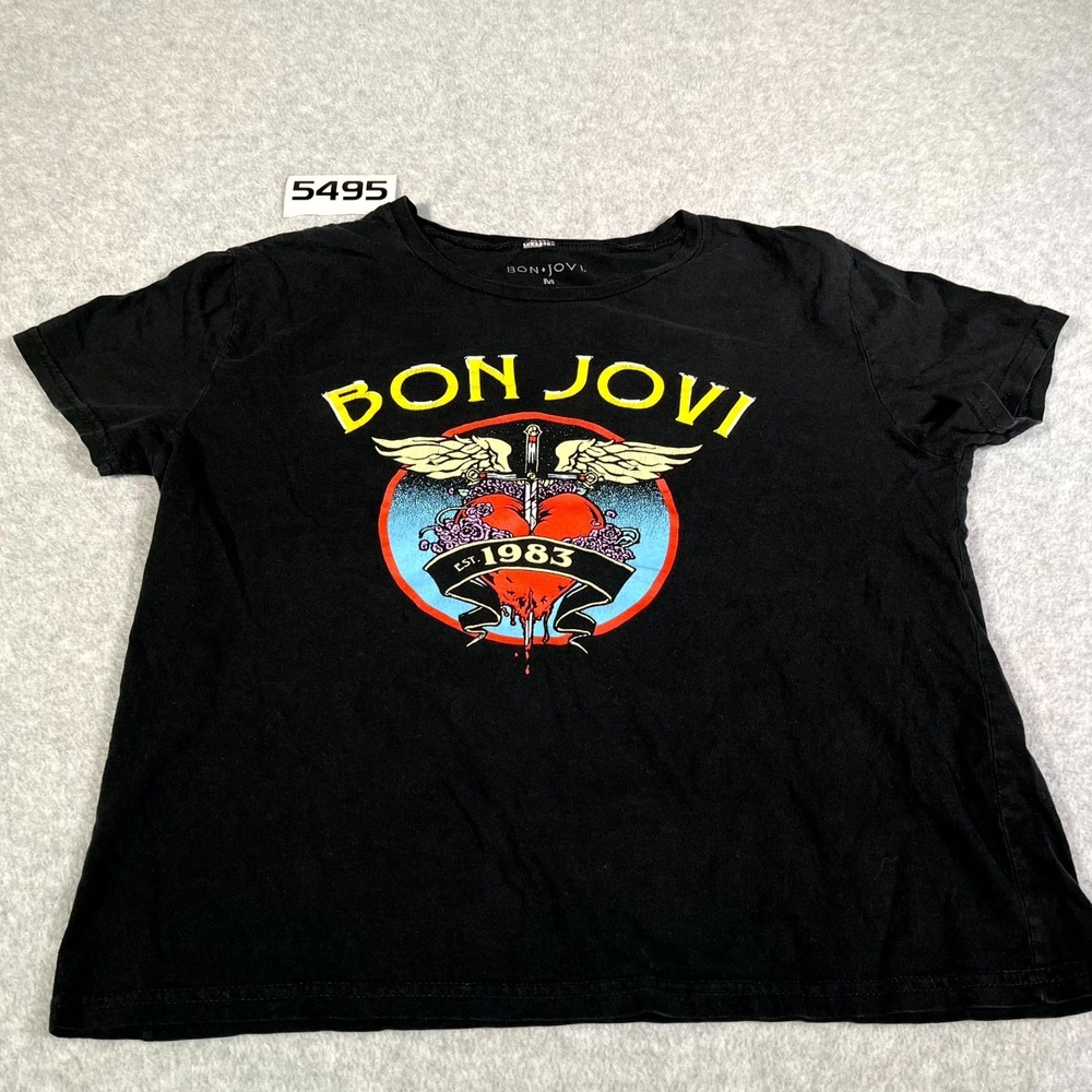 Bon Jovi T Shirt Mens Medium Black Cotton Dagger Stab Heart‎ Graphic Print